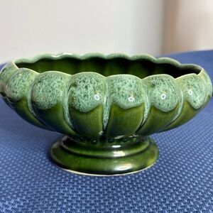 USA Pottery Green Ceramic Scalloped Bowl with Blue Glaze